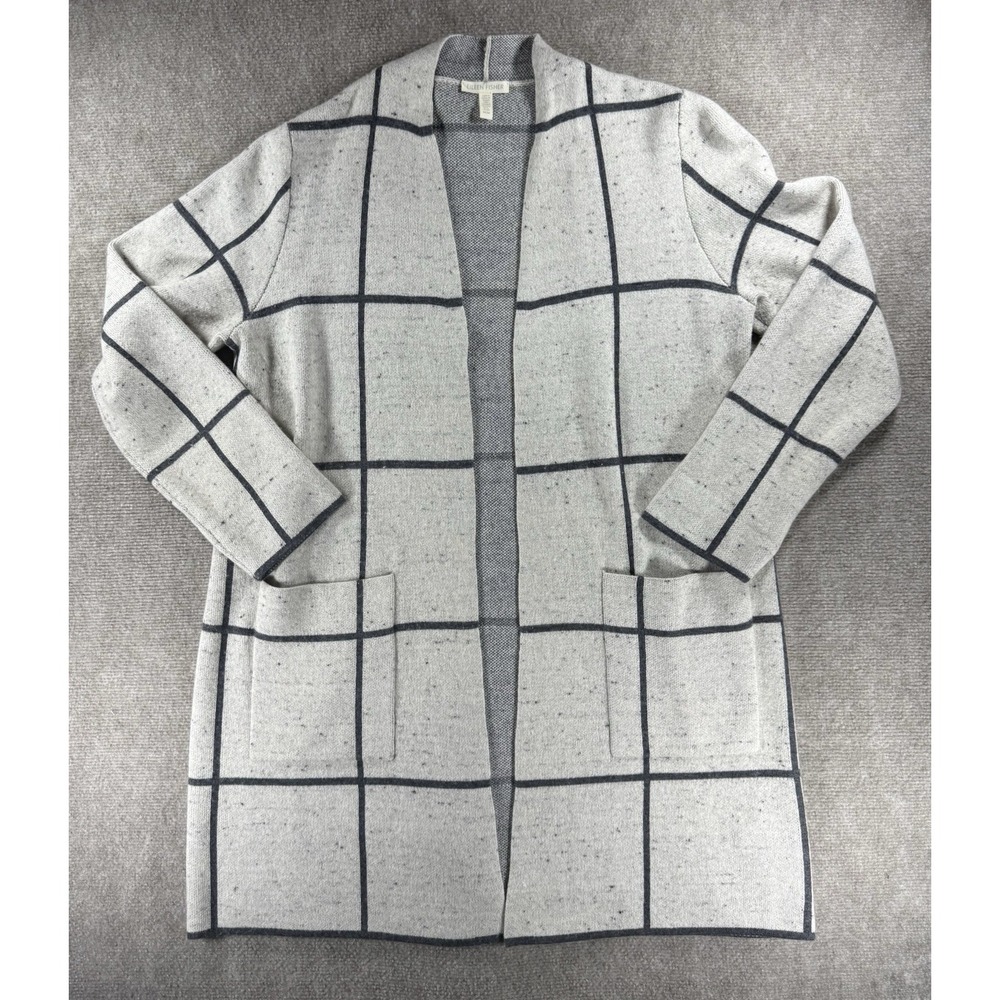 Eileen Fisher Windowpane Open Front Cardigan Gray Wool Cotton Blend Medium
